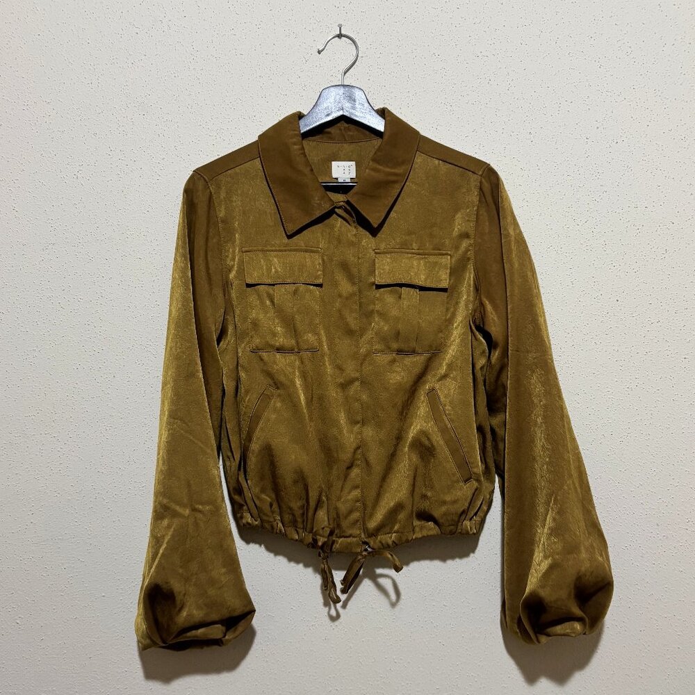 Chartreuse, silk, bomber-style jacket with balloon sleeves